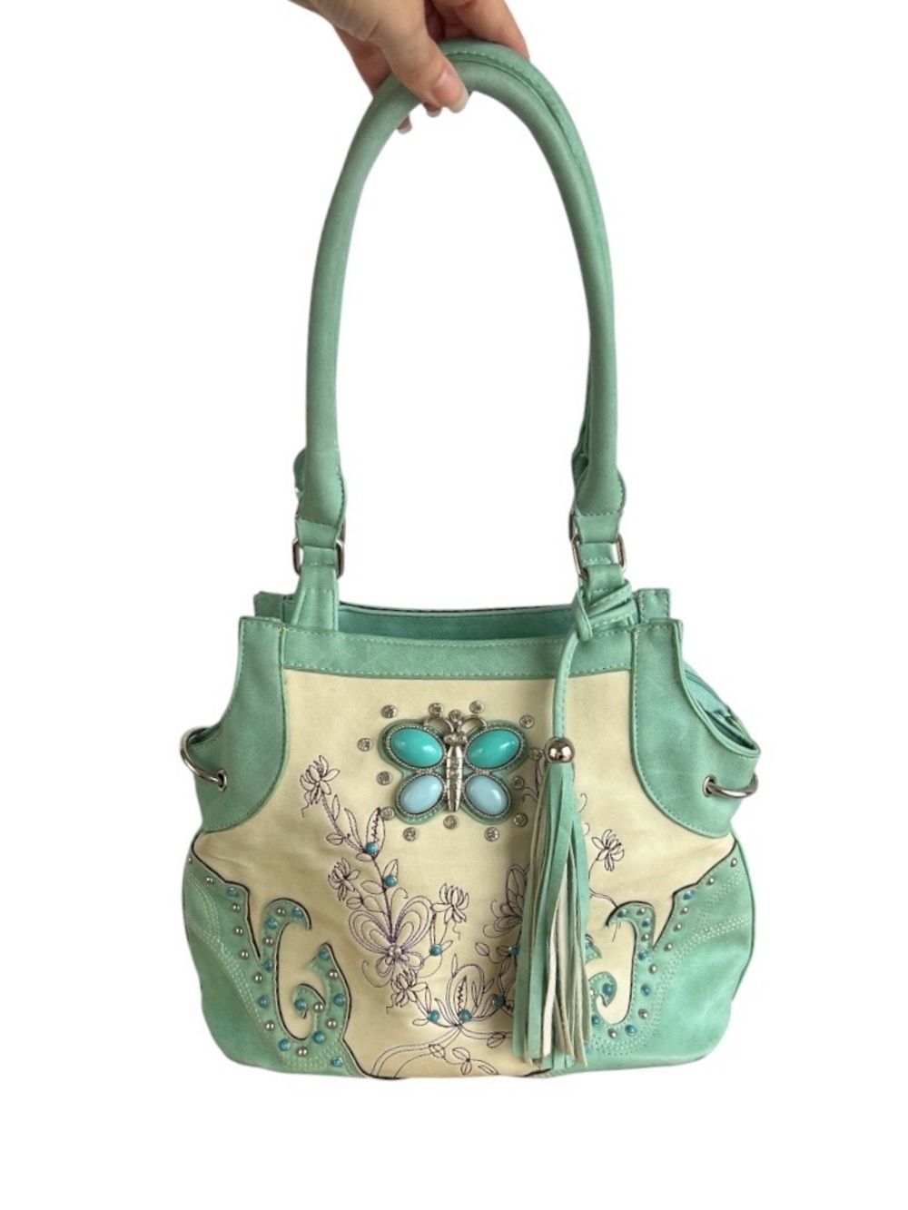Cowgirl Trendy Butterfly Rhinestone Studded Shoulder Bag Faux Leather Teal Cream